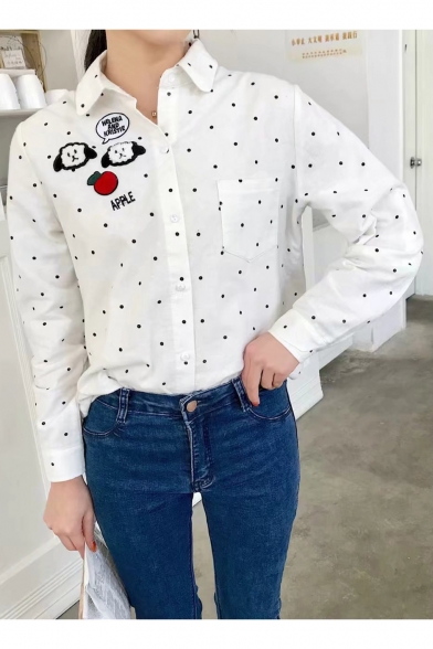 Embroidered Embellished Lapel Collar Single Breasted Long Sleeve Loose Shirt