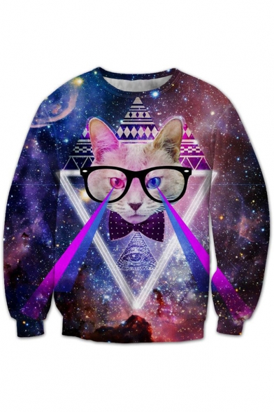 Fabulous Cat Galaxy Geometric Laser Pattern Round Neck Long Sleeves Pullover Sweatshirt