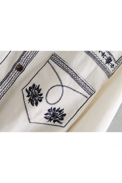 Fashionable Embroidered Pattern Lapel Single Breasted Long Sleeve Denim Jacket