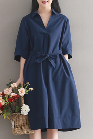 Natural Style Plain V-Neck Lapel Half Sleeves Bow Belted A-line Midi Dress