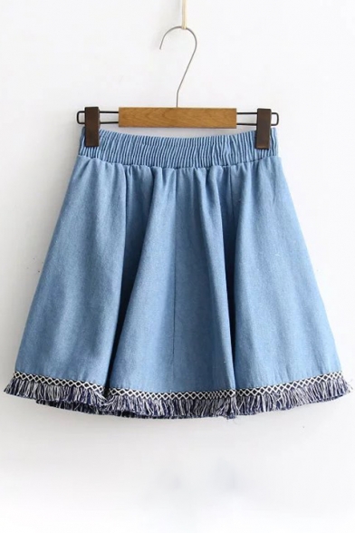 Retro Tassel Hen Elastic Waistband Denim A-Line Skirt
