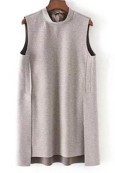 Simple High Neck Slim-Fit T-shirt with Bow Tie Back Plain Shift Dipped Hem Mini Dress