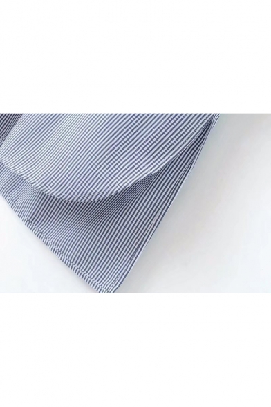 Star Letter Embroidered Striped Pattern Lapel Belt Waist Dip Hem Tunic Shirt with Pocket