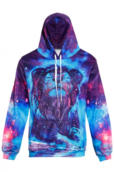 Stylish Lion Galaxy Pattern Long Sleeves Pullover Hoodie with Pocket