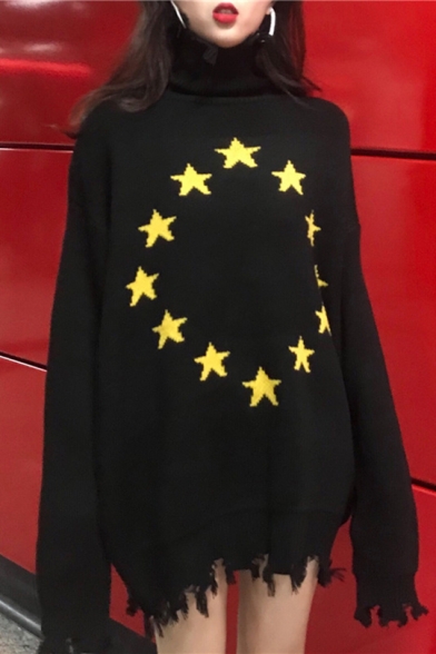 Stylish Star Pattern Ripped Off Hem High Neck Pullover Sweater