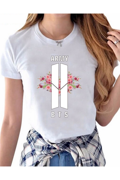 Trendy Letter Floral Pattern Round Neck Short Sleeves Slim-Fit Tee