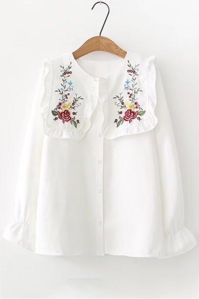Trendy Floral Embroidered Long Sleeves Button Down Girly Loose Shirt