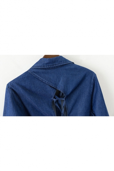 Trendy Plain Lace-up Cutout Hollow Back Long Sleeves Button Down Denim Shirt