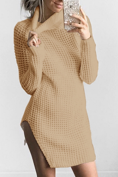 Winter Collection Turtleneck Long Sleeves Split Hem Knitted Mini Slim-Fit Sweater Dress