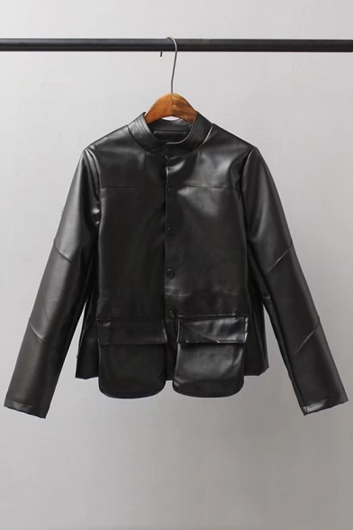 Basic Plain Long Sleeve Single Breasted Stand-Up Collar Faux Leather Jacket