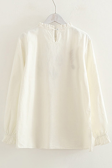 Chic Embroidered Pattern Ruffle Trim Long Sleeve Blouse