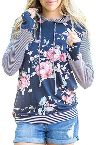 Chic Striped Floral Print Long Sleeve Casual Hoodie