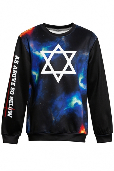Cool Hexagram Star Geometric Letter Galaxy Pattern Long Sleeves Pullover Sweatshirt
