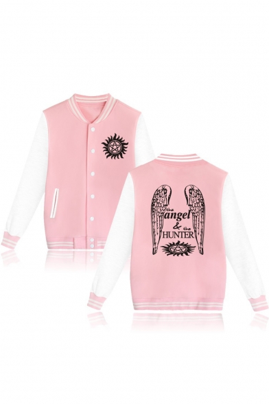 Cool Letter Wing Star Sun Printed Button Down Color Block Unisex Baseball Jacket