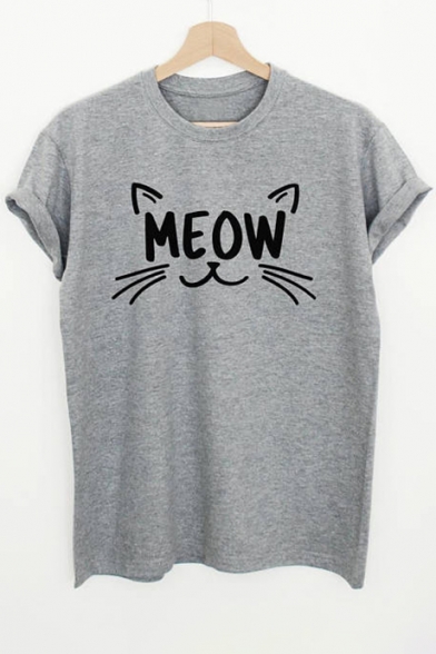 Cute Cat MEOW Letter Pattern Round Neck Short Sleeves Casual Tee