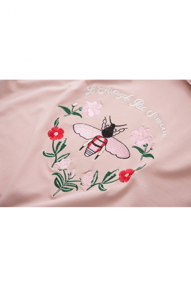 Embroidery Floral Bee Pattern Long Sleeve Dip Hem Hoodie