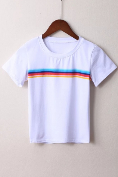 Fashionable Rainbow Pattern Round Neck Short Sleeves Summer T-shirt