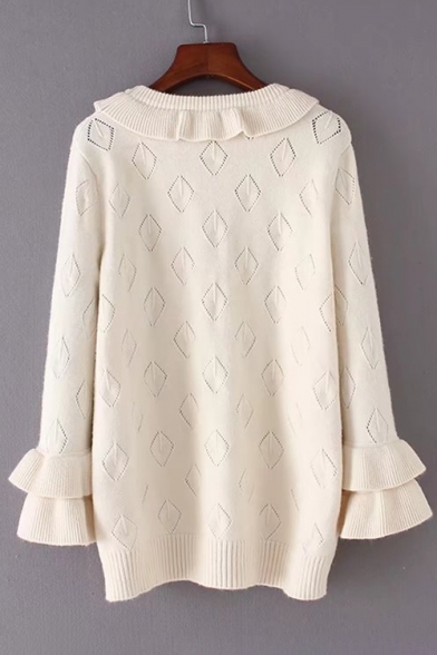 Girlish Round Neck Ruffle Trimmed Diamond Pattern Ribbed Knitted Pullover Sweater