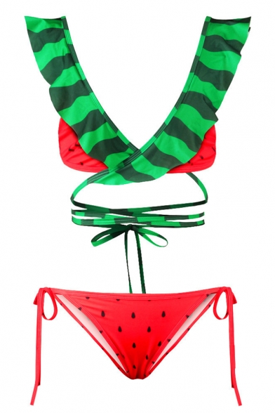 Girlish Watermelon Pattern V-Neck Tie Waist Bow Ruffle Summer Bikini