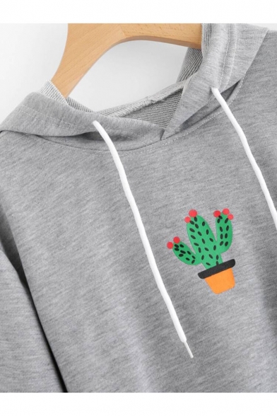 Leisure Cactus Print Drawstring Hood Long Sleeve Hoodie