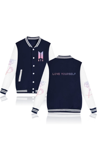 Letter Color Block Print Long Sleeve Stand-Up Collar Single Breasted Baseball Jacket