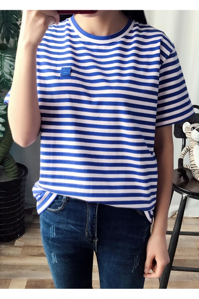 Loose Casual Striped Pattern Round Neck Short Sleeves Summer Tee