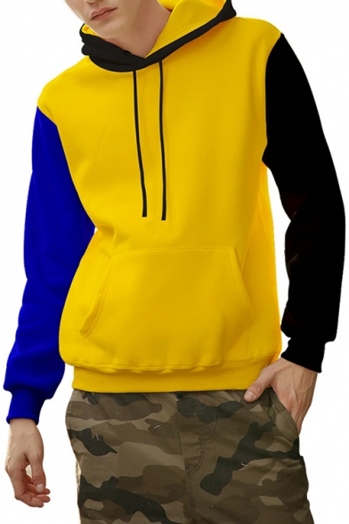 Men's Fashion Color Block Long Sleeves Pullover Hoodie with Pocket