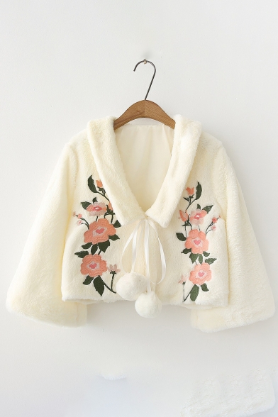 New Trendy Floral Embroidered Lapel Cropped Coat with Pom-Pom
