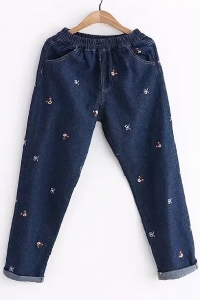 Pop Embroidered Cartoon Bear Pattern Elastic Waist Jeans