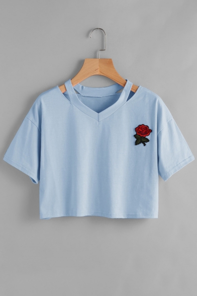 Pop Floral Embroidered V-Neck Short Sleeve Casual Cropped Tee