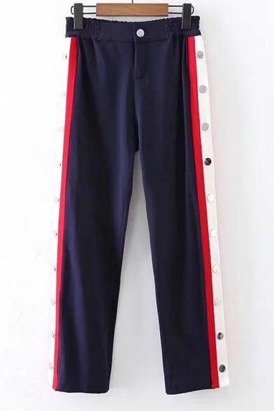 Stylish Button Detail Elastic Waist Button Fly Color Block Joggers