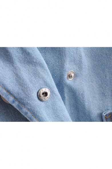 Stylish Notched Lapel Double Breasted Ripped Off Pocket Longline Denim Jacket
