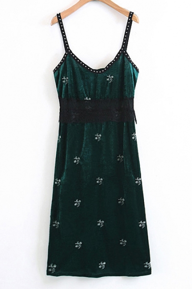 Summer Collection Floral Embroidery Lace Patchwork Beaded Velvet Midi Cami Dress