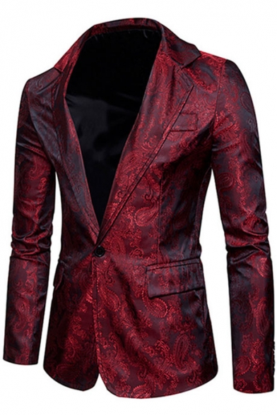 Trendy Printed Notched Lapel Single Button Long Sleeves Flap-Pockets Slim-Fit Blazer