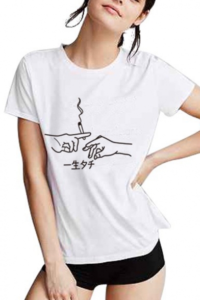 Chic Hand Gesture Cigarette Japanese Printed Round Neck Short Sleeves Casual Tee