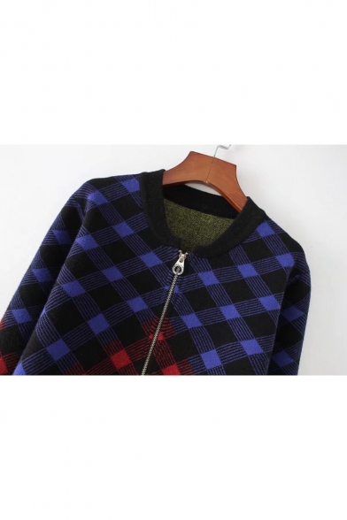 Classic Plaid Color Block Letter Print Long Sleeve Zipper Stand-Up Cardigan