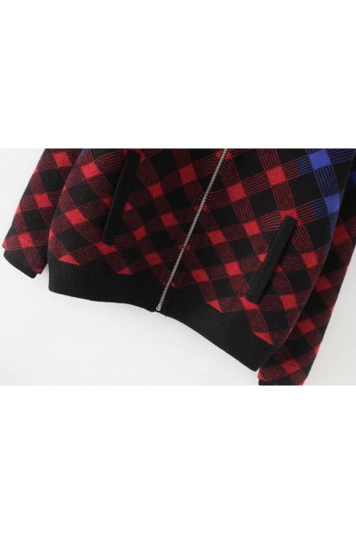 Classic Plaid Color Block Letter Print Long Sleeve Zipper Stand-Up Cardigan