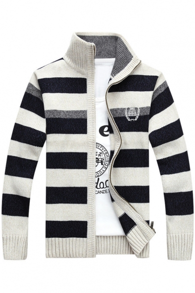 Classic Striped Zipper Long Sleeve Stand-Up Collar Cardigan