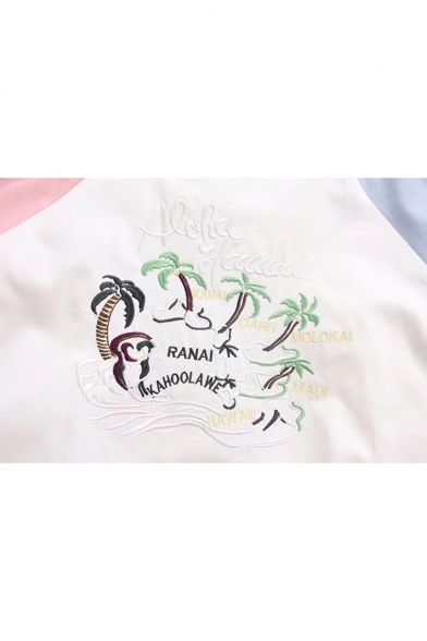 Coconut Palm Letter Embroidered Color Block Stand-Up Collar Single Breasted Coat