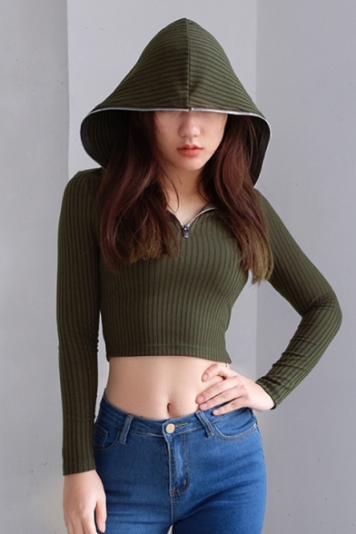 Cool Plain Hooded Zippered Long Sleeves Pullover Cropped Slim-Fit T-shirt