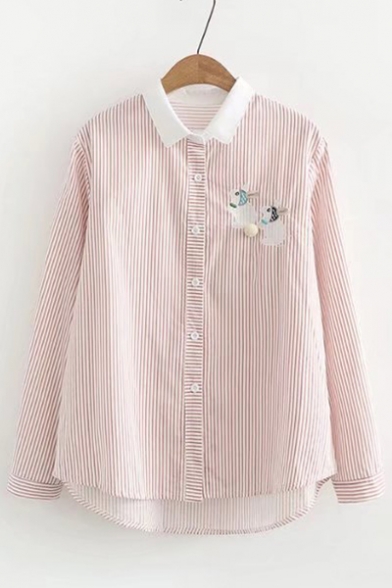 Cute Rabbit Embroidered Striped Pattern Contrast Lapel Long Sleeve Shirt with Pom-Pom