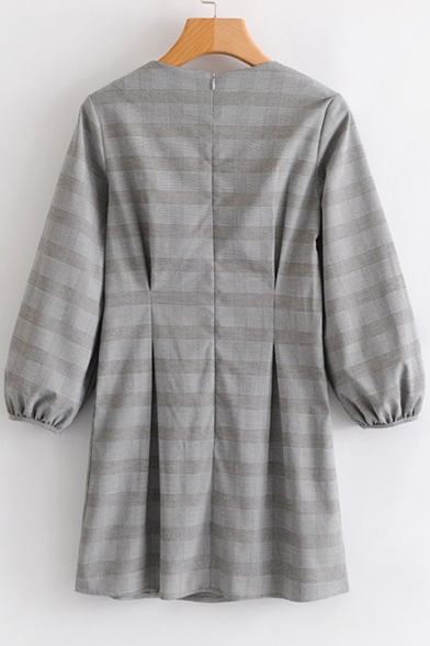 Elegant Checkered Plaids V-Neck Blouson Sleeves Zip-Back Shift Mini Dress