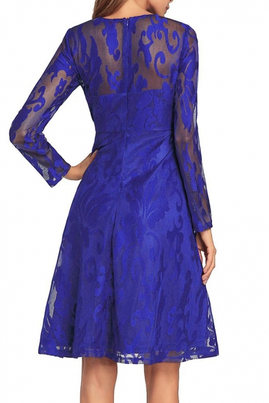 Elegant Lace Panel Round Neck Plain Zip-Back Patchwork Midi A-line Dress
