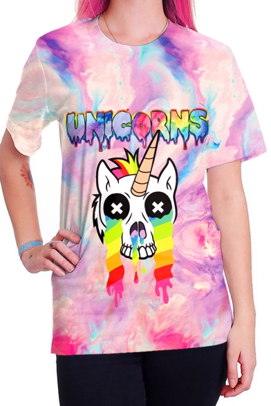 Fashionable Cartoon Crying Unicorn Letter Printed Round Neck Short Sleeves Casual Tee