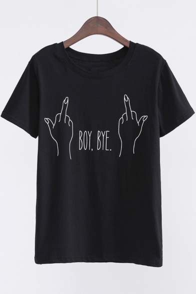 Fashionable Hands Letter Graphic Printed Round Neck Short Sleeves Summer T-shirt