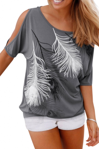Loose Feather Print Cold Shoulder Short Sleeve Tee