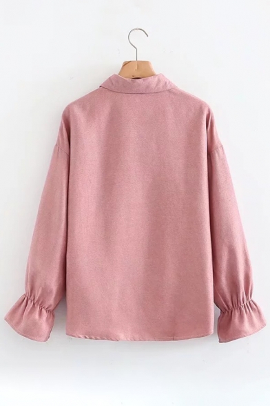 Natural Lapel Lace-up Bow Front Bell Sleeves Loose Pullover Women's Blouse