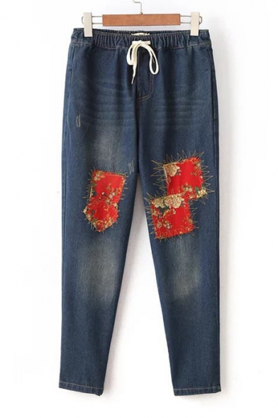 Peasant Style Floral Applique Drawstring Waist Loose Dark Wash Denim Jeans
