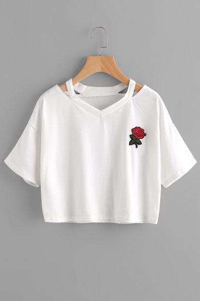 Pop Floral Embroidered V-Neck Short Sleeve Casual Cropped Tee