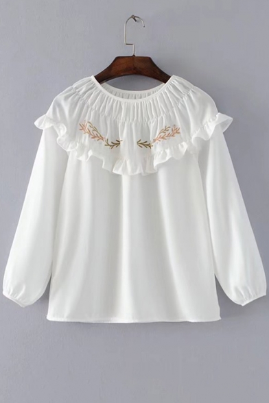 Popular Floral Embroidered Round Neck Ruffle Detail Loose Pullover Blouse